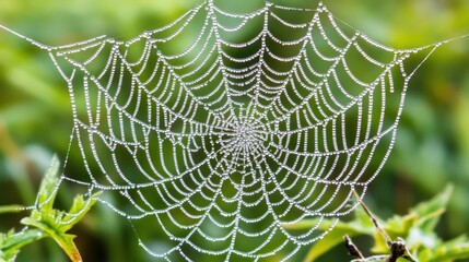 Dewdrops adorn a spiders intricate web outdoors
