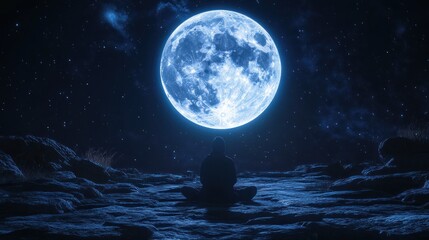 person meditates underneath a large blue moon and stars