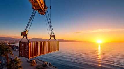 Wall Mural - Crane lifting cargo container at sunset in a commercial port