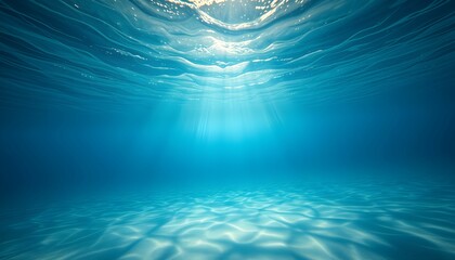 underwater scene, sunbeams piercing through water surface, deep blue ocean, crystal clear water, san