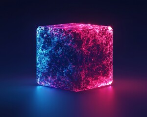 A stunning glowing ice cube with vibrant blue and pink hues, creating a mesmerizing visual effect in a dark background.