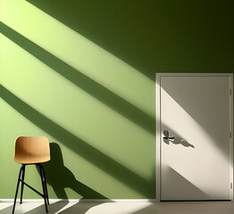 Wall Mural - Blank concrete wall in modern empty room with tropical plant garden. Luxury house interior with green palm trees. Minimal architecture design. Generative AI.