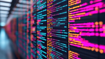 A colorful digital display showcasing streams of data, highlighting technology and data visualization in a modern environment.