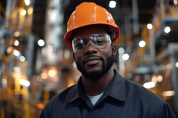 Poster - African american industrial worker wearing safety glasses and hardhat in factory