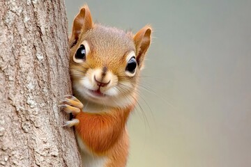 Wall Mural - curious squirrel peeking from behind tree trunk in nature