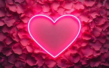 a vibrant neon heart surrounded by pink petals, symbolizing love and romance in a creative and moder