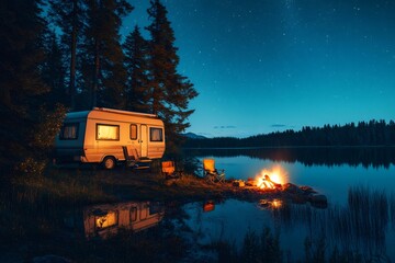 Wall Mural - Camper enjoying bonfire near lake and forest at night