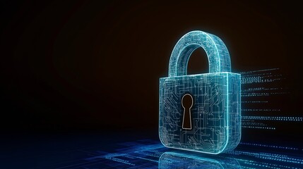 A glowing 3D lock icon made of intricate digital circuitry, levitating on a futuristic black, symbolizing cybersecurity and encryption. Personal data locked and safe digital security
