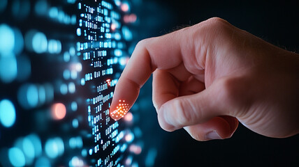 human finger interacting with glowing digital code on a screen