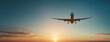 Commercial airplane flying above dramatic clouds during sunset