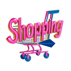 Wall Mural - A 3D rendering depicts a shopping cart with the word Shopping in bright pink letters.