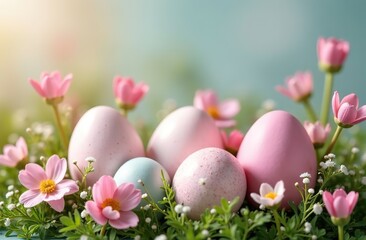 Wall Mural - Soft pastel-colored Easter eggs nestled among a variety of delicate flowers, creating a serene and elegant spring scene