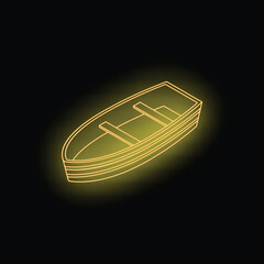 Wall Mural - Neon yellow contour of a wooden boat glowing on a black background