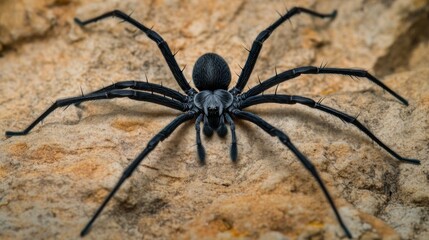 Close-up of a black spider on a rock