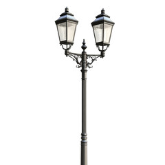 A tall black metal lamp post with two ornate lamps stands against a black background, showcasing its elegant design.