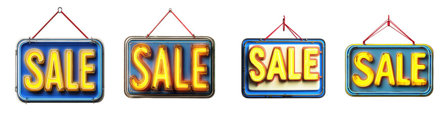 Aufkleber - Four retro-style hanging neon signs displaying the word SALE in various colors and designs.