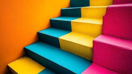 Poster - A colorful staircase with blue, yellow, and pink steps