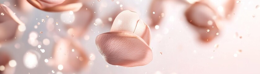 Canvas Print - Softly illuminated rose gold petals float gracefully against a light pink gradient background. Glowing particles add a touch of magic, allowing for ample text overlay space