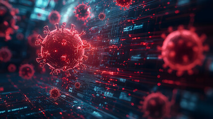 Wall Mural - A microscopic view of a virus particle on a circuit board, representing the intersection of biology and technology