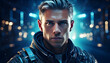 © Huda - a fictional person not based on a real person portrait of a sci fi cyberpunk man high tech futuristic man from the future the concept of virtual reality and cyberpunk generative ai