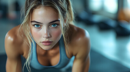 Wall Mural - A detailed photography of a fitness model working out in a gym, with dynamic lighting highlighting the movement and athletic form.