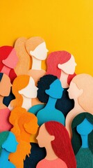 Wall Mural - Colorful paper cutout women silhouettes representing diversity and empowerment with vibrant hues on a bright yellow background