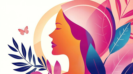 Wall Mural - Women's Day highlights unity through advocacy promoting equality and empowerment. Abstract profile of a woman with butterfly and foliage details