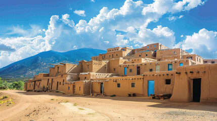 Traditional Adobe Pueblo Buildings Against a Mountainous Backdrop with Blue Sky and Clouds in New Mexico