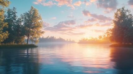 Wall Mural - Peaceful lake at sunrise with lush green trees and serene atmosphere