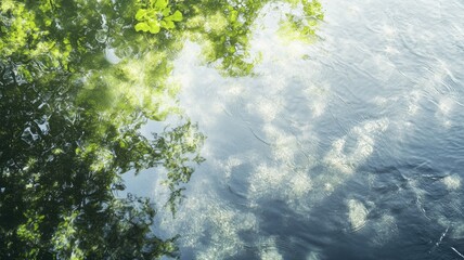 Wall Mural - sunlight reflects on calm water surface with green leaves