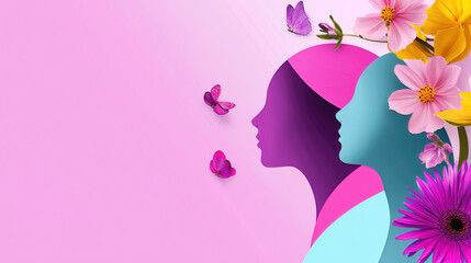 Wall Mural - Women's Day highlights unity through advocacy promoting equality and empowerment. Colorful Silhouettes of Women with Flowers and Butterflies