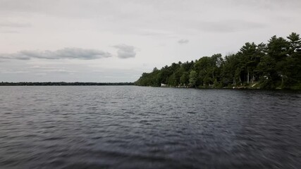 Canvas Print - Drone flying low and fast on the sea, towards lush green forest under gray skies