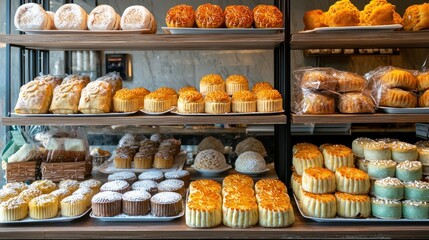 Wall Mural - A traditional Asian bakery with shelves of mooncakes, buns, and pastries.