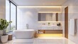 © artchvit - Luxury hotel interiors with exclusive lighting. Modern bathroom featuring a sleek design and abundant natural light.