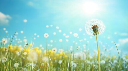 Wall Mural - dandelion in sunny field with blue sky