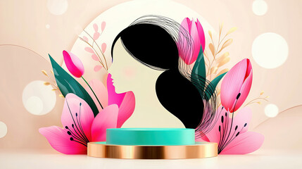 Wall Mural - Women's Day highlights unity through advocacy promoting equality and empowerment. Elegant Woman Silhouette Surrounded by Colorful Flowers