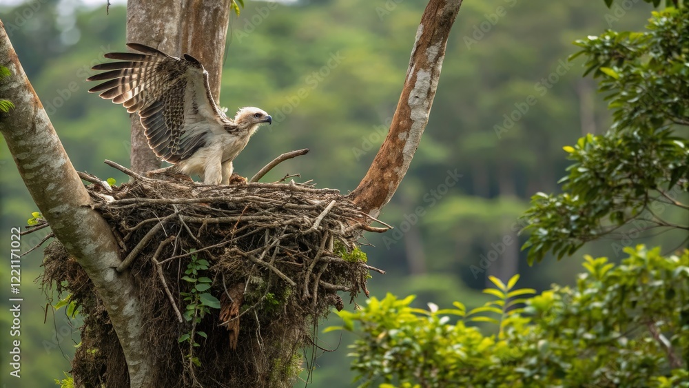 Young White-bellied Sea Eagle spreading its wings in a nest