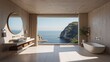 © AI Art Visionary - portugal cliffside bathroom house luxury minimal, minimal master bathroom, open home, minimal mid-century modern house, sleek Ultra realism ambience
