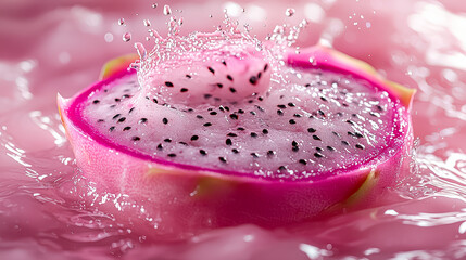 Wall Mural - pink fruit with black seeds is floating in a pink liquid. the fruit is surrounded by water and he is