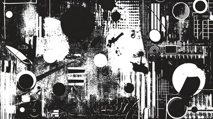 Poster - Abstract Dynamic Geometric Composition with Metallic Shapes and Patterns in Monochrome Palette