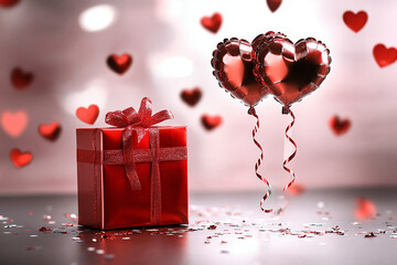 Wall Mural - red gift box with heart-shaped balloons tied to it, valentine's day