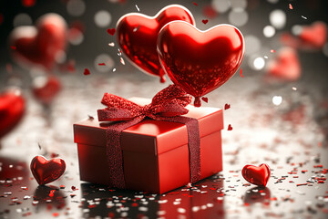 Wall Mural - red gift box with heart-shaped balloons tied to it, valentine's day