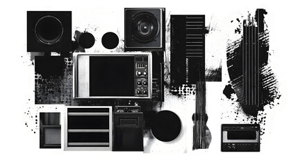 Poster - Abstract Monochrome Arrangement of Audio and Electronic Devices in Minimalist Geometric Composition