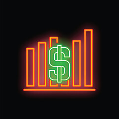 Canvas Print - Neon sign showing a bar chart with increasing profits and a dollar symbol, representing business growth and financial success