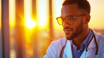 Wall Mural - Contemplative Young Doctor in Sunlit Office Portrait