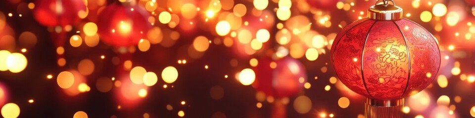 Wall Mural - chinese lanterns lit up against a background of glowing bokeh lights for celebrations and festivals.