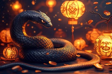 Canvas Print - mystical black snake coiled around glowing lanterns in an enchanting night scene.