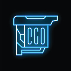 Wall Mural - Blue neon icon of a trashcan showing cco symbol for creative commons content glowing on black background