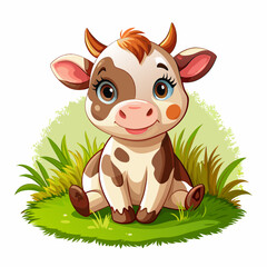 Wall Mural - Vector illustration of a baby cow on the grass on white background - Generative AI
