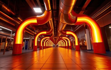 Poster - A futuristic industrial corridor illuminated by glowing orange pipes creates a striking visual effect, emphasizing symmetry and modern design.